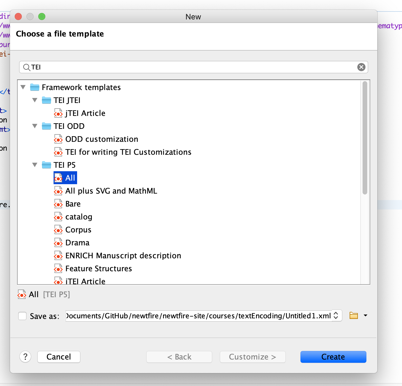 screen capture showing how to open a TEI-ALL file in the oXygen XML Editor