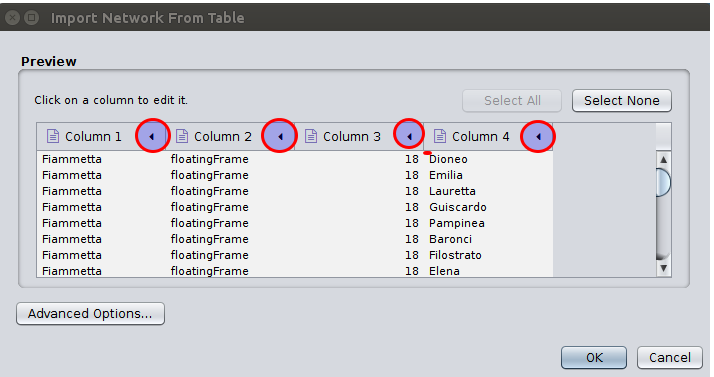import screen in Cystocape 3.3.0 with highlights on where to click to edit each column import type